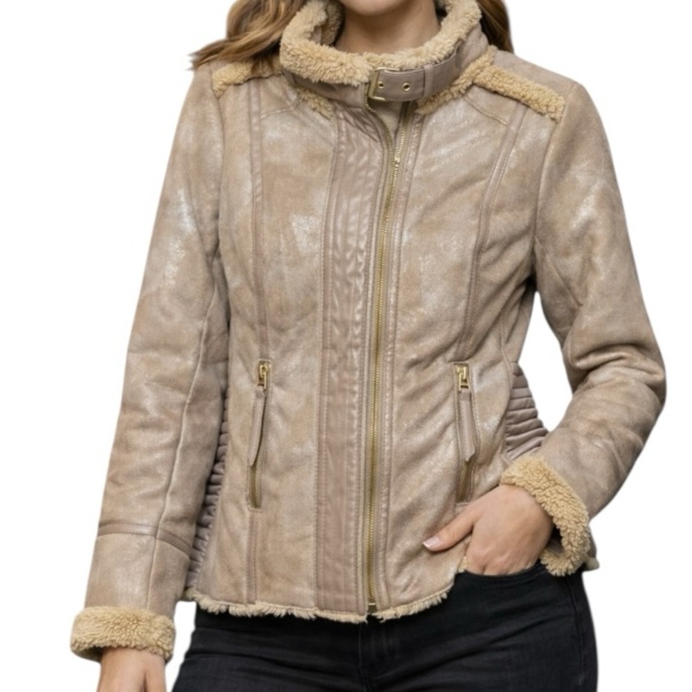 Montana Co Western Style Vegan Suede Bomber Jacket Sherpa Lined Mock Neck